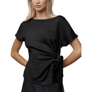 Elegant Short Sleeve Round Neck Tie Waist Pullover, Size XS, 3G-191T009